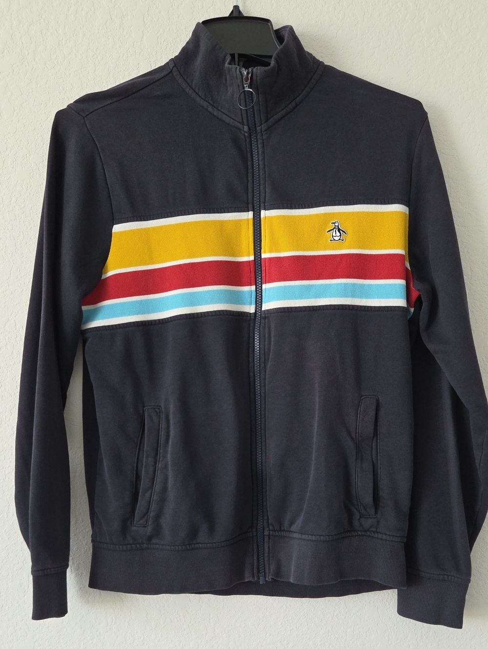 Original Penguin Navy Zip-Up Jacket with Yellow, Red & Light Blue Stripes Retro